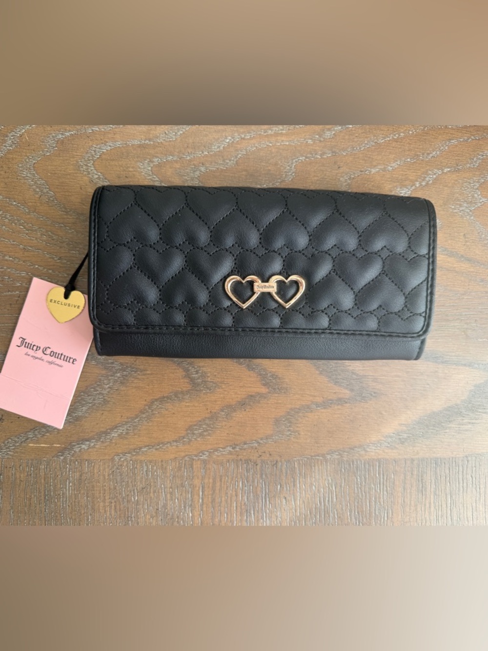 Juicy Couture Black Quilted Heart Wallet with Gold Double Heart Accent